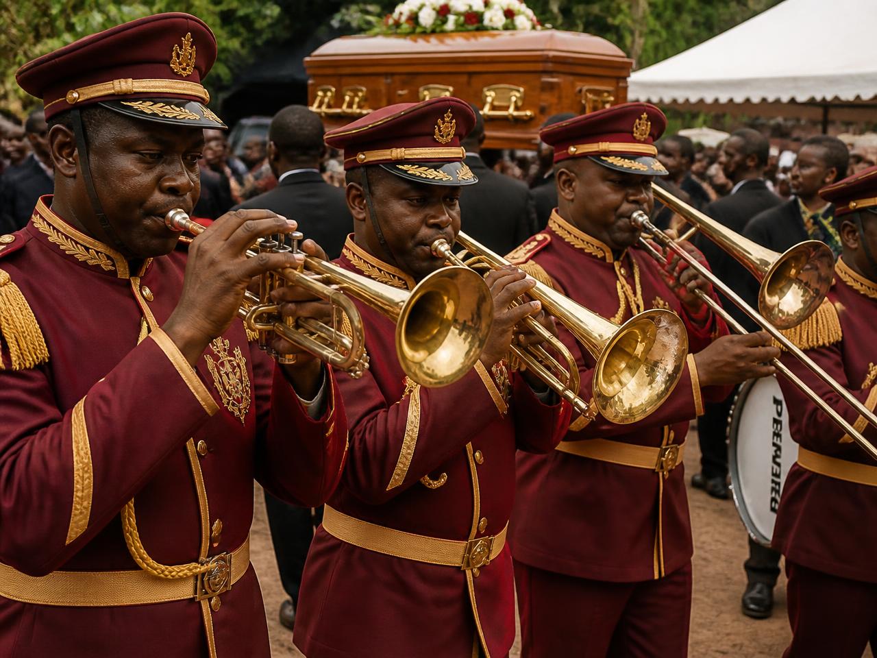 Ceremonial brass band in burgundy and gold uniforms at a funeral procession