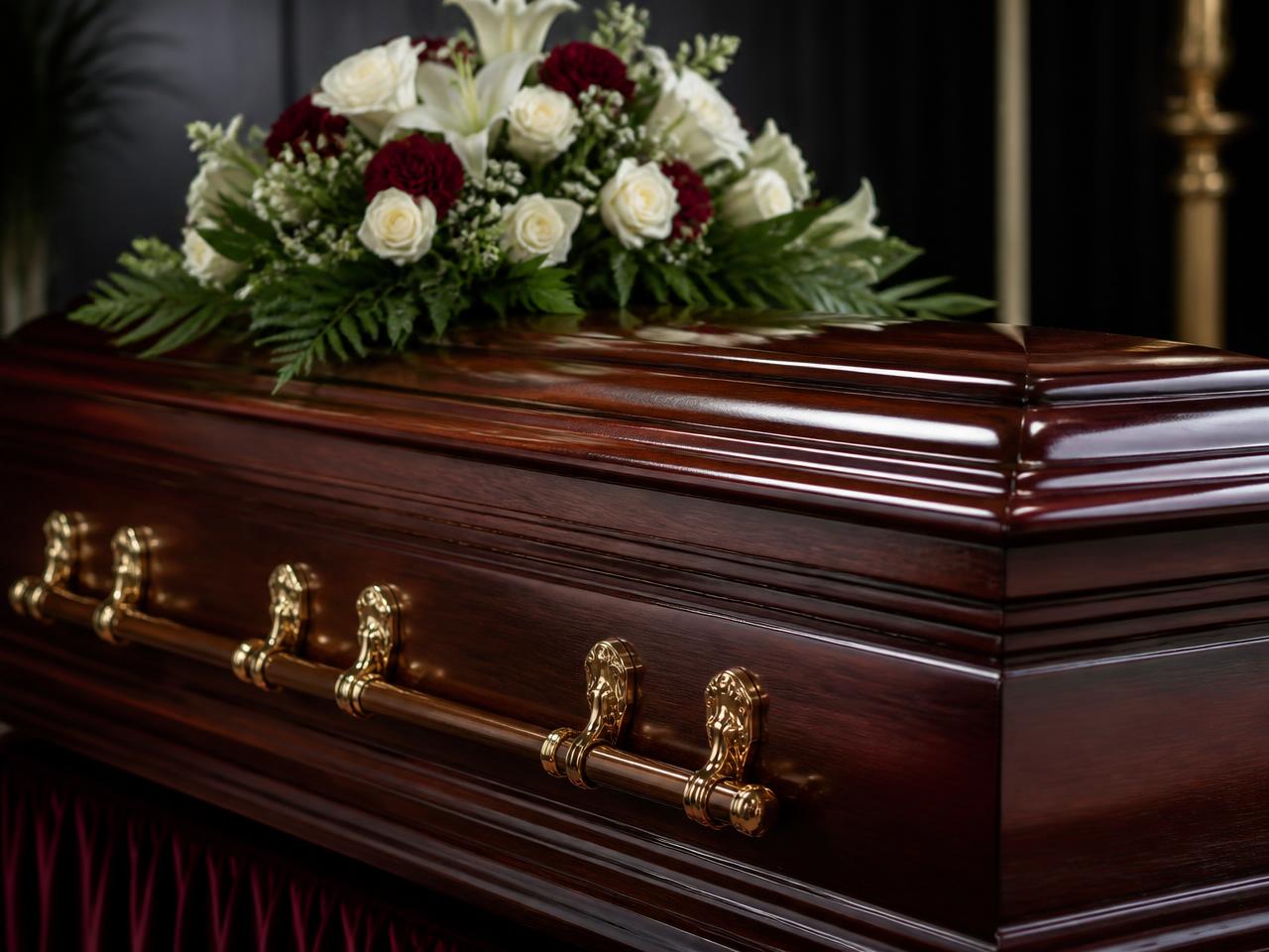 Premium polished casket with gold handles and floral arrangement