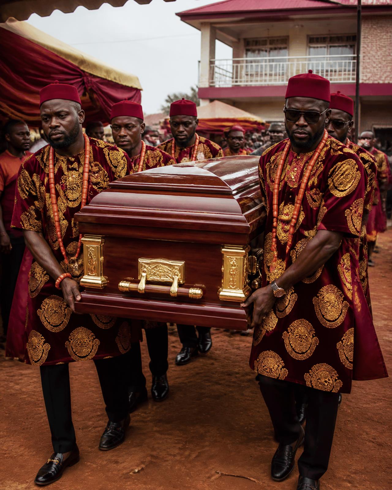 Igbo pallbearers in traditional burgundy and gold attire carrying a premium casket in procession
